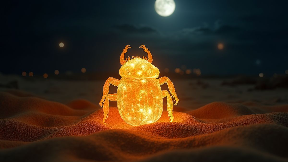 Escarabajo cristalino brillante en la arena dorada.