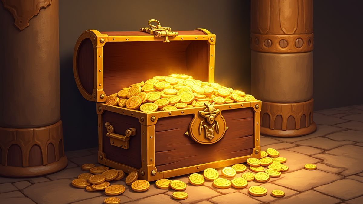 Cofre del tesoro lleno de monedas y escarabajos brillantes.
