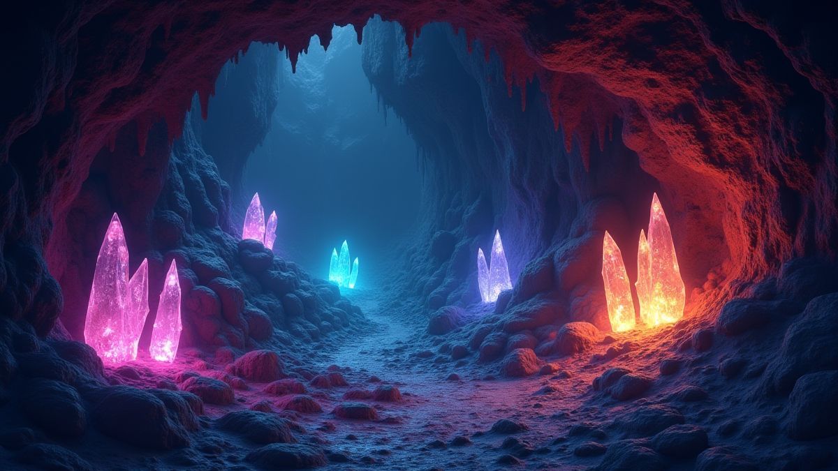 Interior de una cueva mágica con cristales brillantes de varios colores.