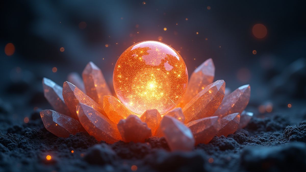 Esfera de energía brillante rodeada de cristales relucientes.