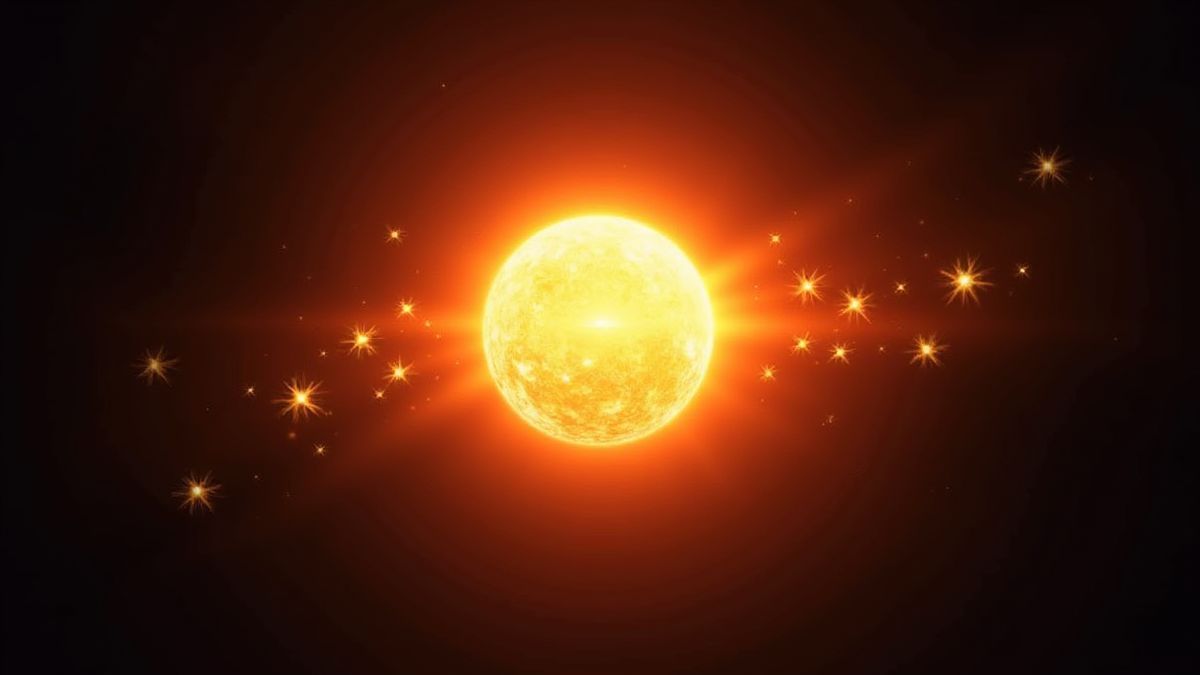 Un symbole de soleil s'étendant entouré d'étoiles brillantes.