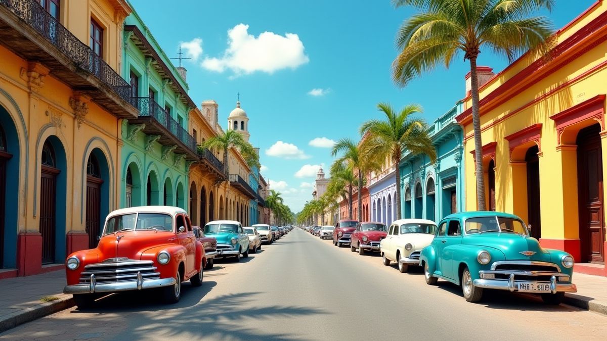 Une rue cubaine avec des voitures classiques et des bâtiments coloniaux.