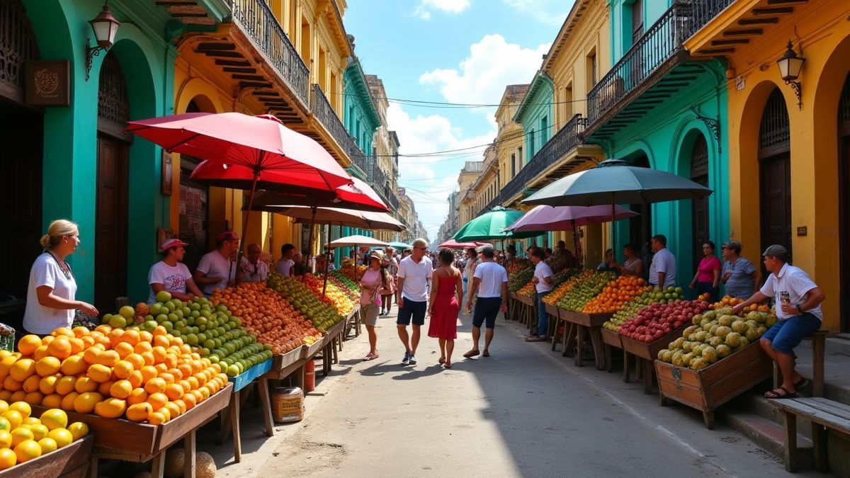 Un marché de rue cubain animé avec des fruits tropicaux et des musiciens locaux.