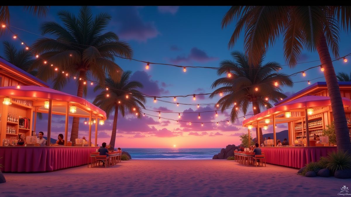 Strandparty mit Lichtern und tropischen Cocktails.