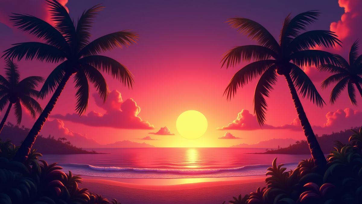 Tropischer Sonnenuntergang mit lebhaften Lichtern.