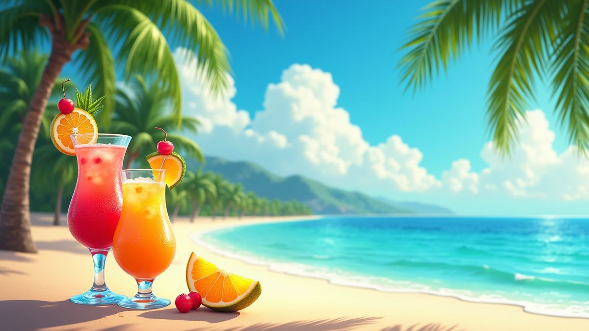 Côcteles tropicales en una playa cubana con palmeras animadas.