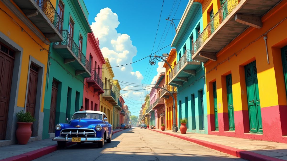 Una calle cubana animada con instrumentos musicales y edificios coloridos.
