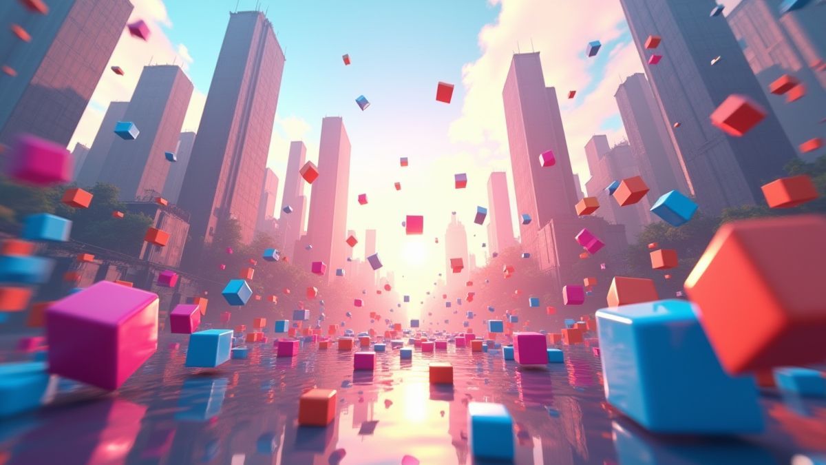 Paisagem urbana futurista com cubos coloridos caindo e explodindo