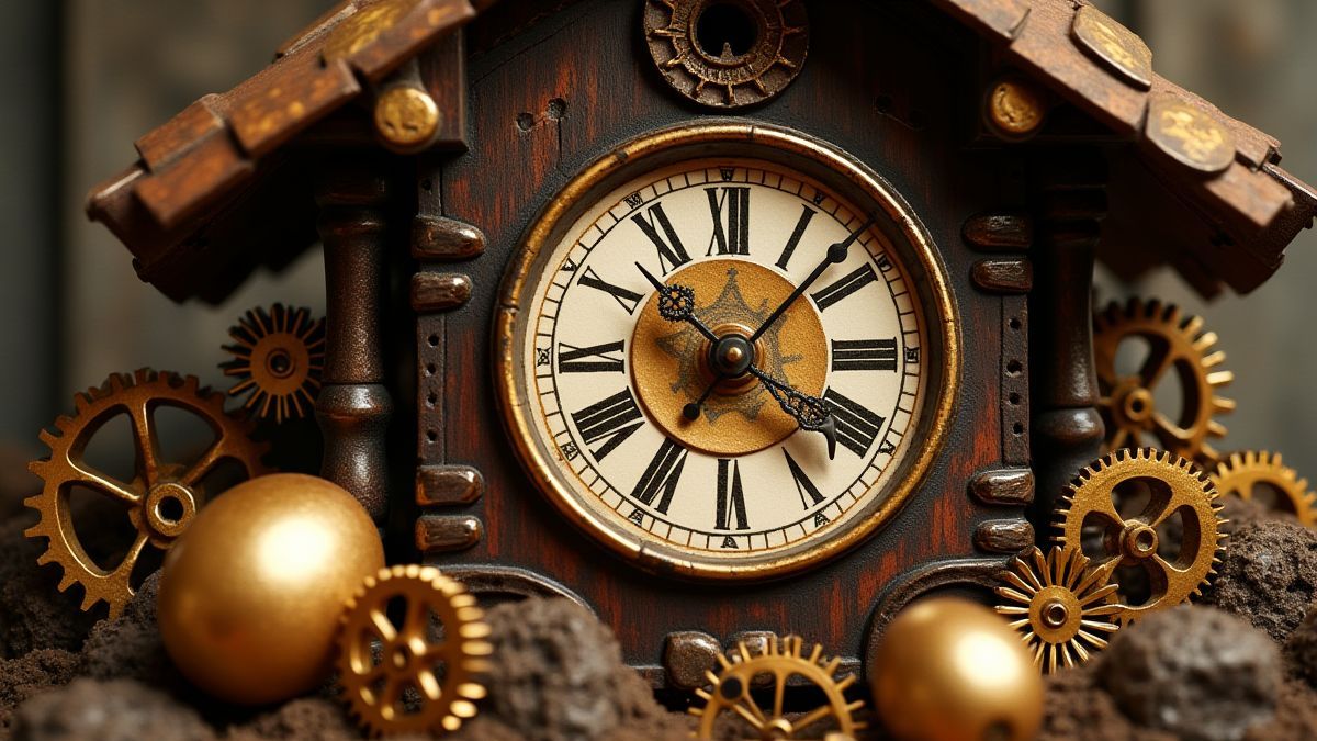 Reloj de cuco antiguo rodeado de engranajes dorados y huevos