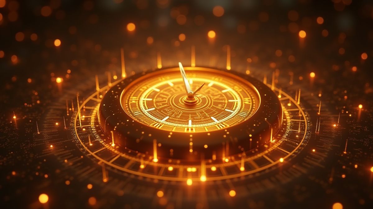Reloj dorado con manecillas moviéndose sobre una pantalla de multiplicadores