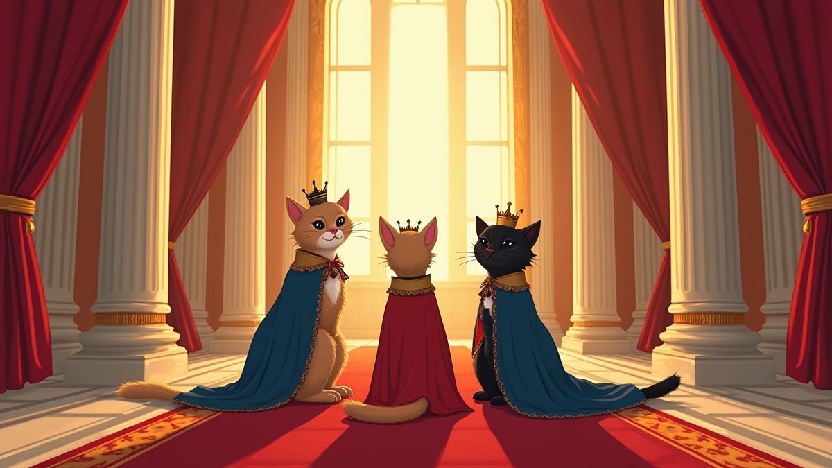 Palácio real com gatos coroados e vestidos elegantes.