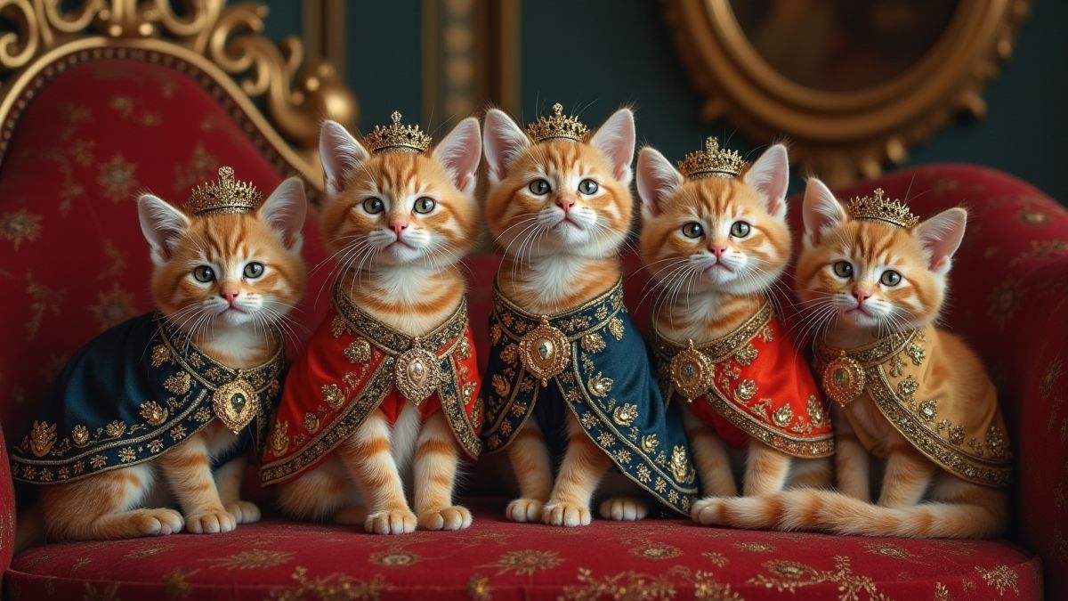 Gatos majestosos em um palácio luxuoso.