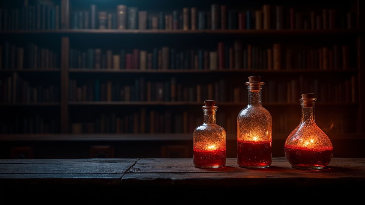 Biblioteca oscura con pociones mágicas resplandecientes.