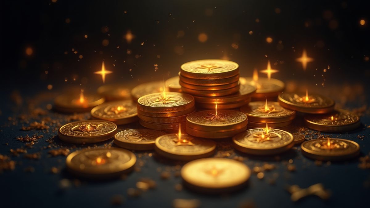 Monedas doradas y símbolos mágicos en una mesa oscura.