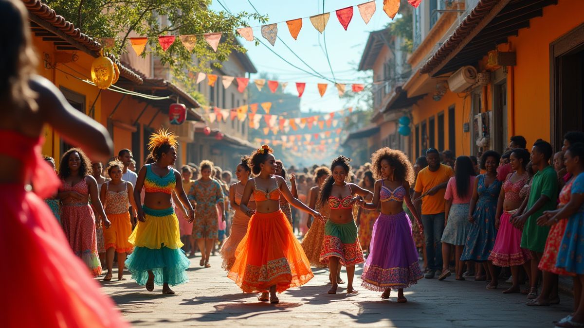 A carnival street with dancers and musicians under bright decorations.