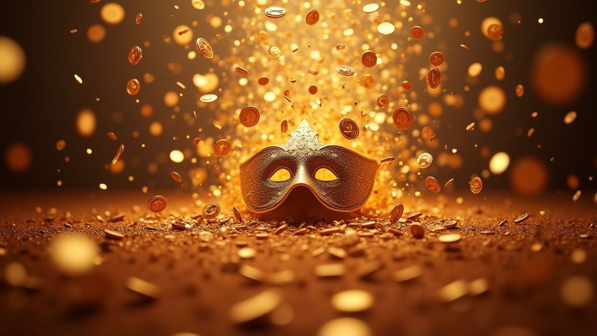 Animated confetti explosion with golden coins and carnival masks.