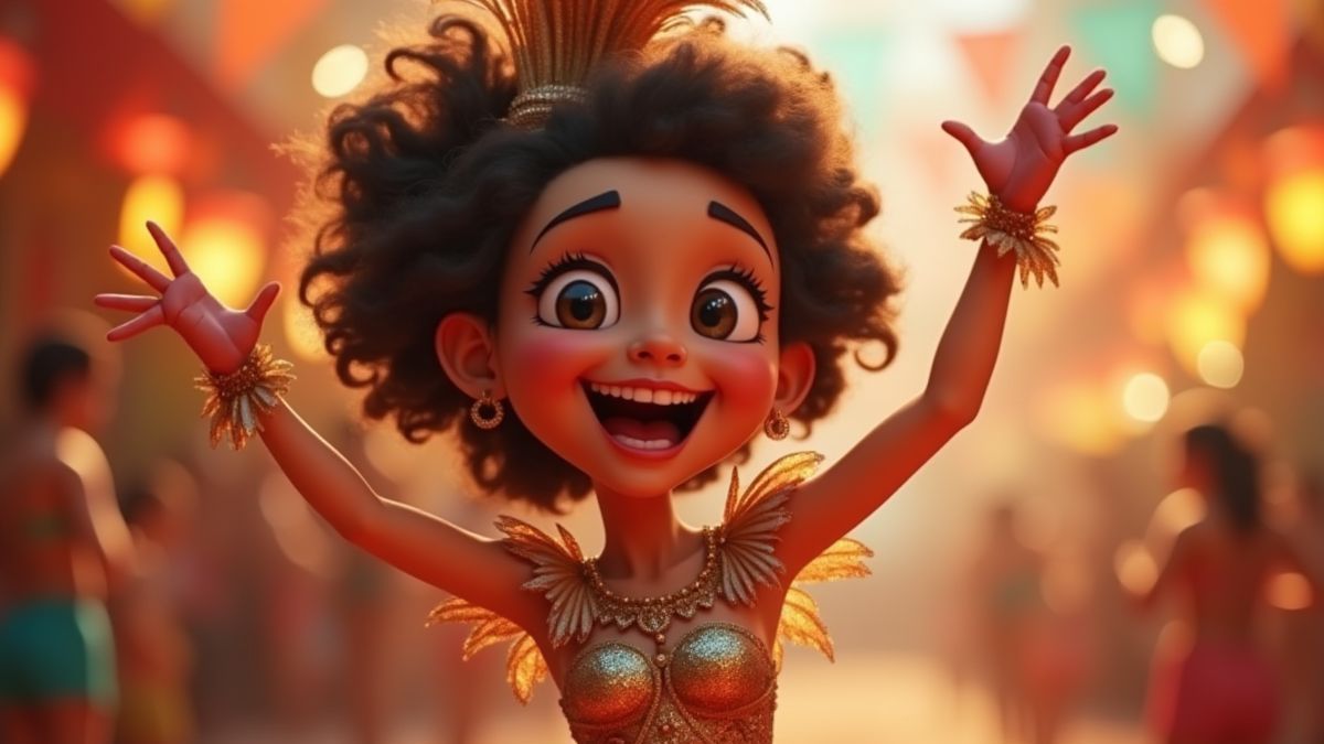 Animated carnival dancer with a feather costume and a big smile.