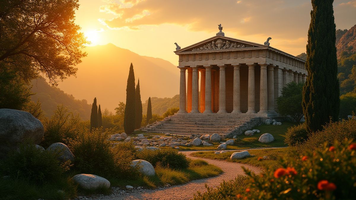 Templo griego rodeado de luz dorada y vegetación exuberante.