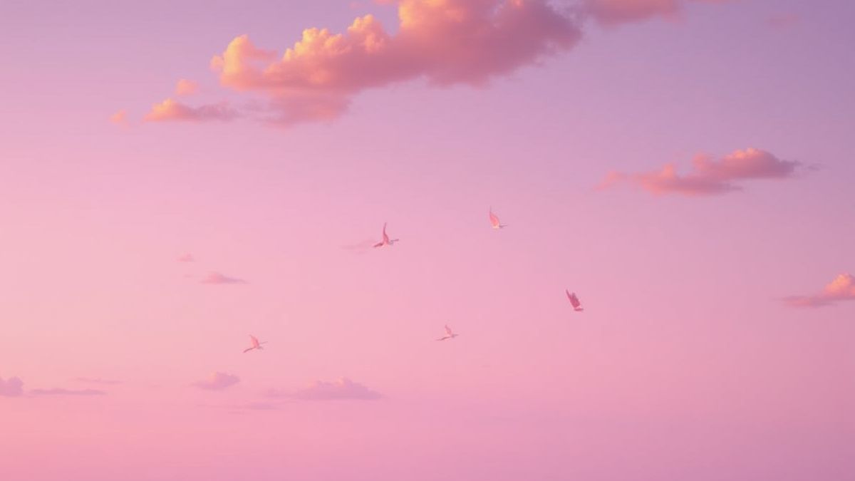 Cielo romántico con tonos rosados y púrpuras y nubes doradas.