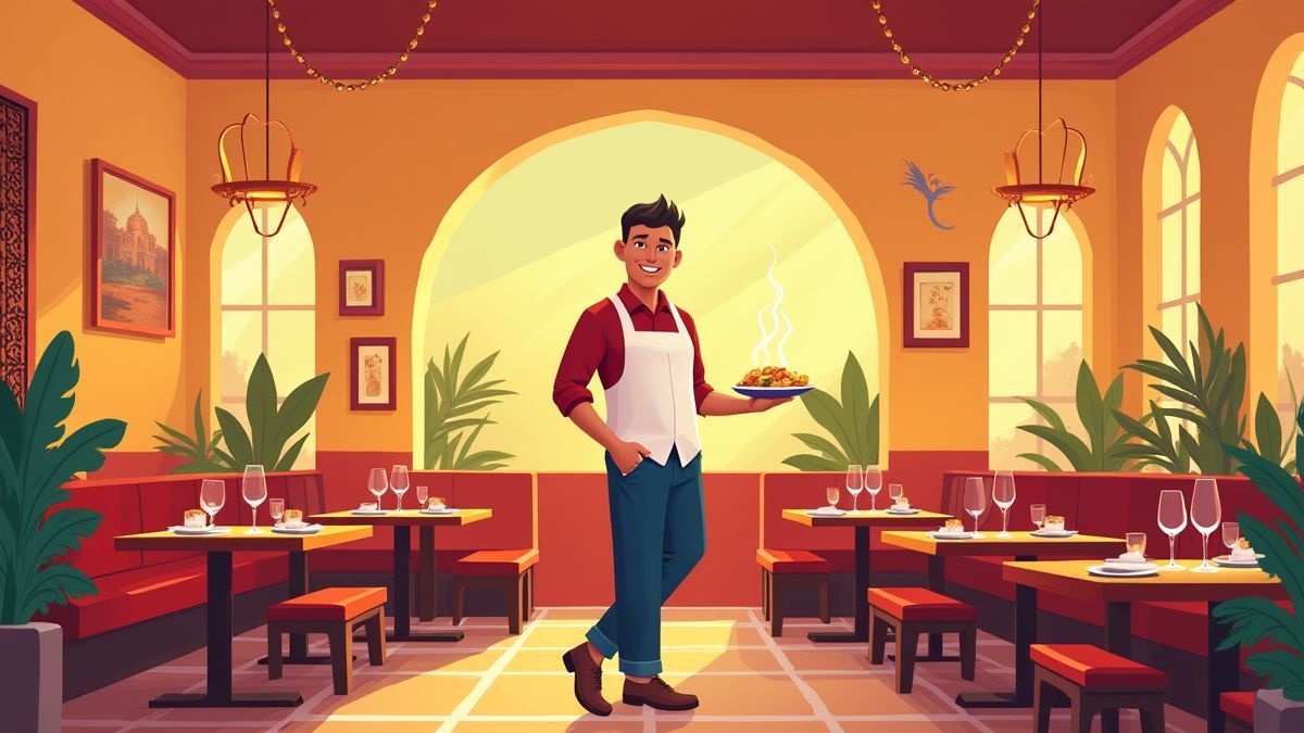 Innenansicht eines indischen Restaurants mit lächelndem Kellner und Curry-Teller.