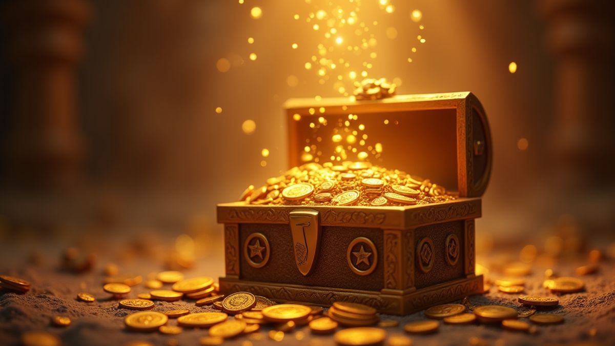Monedas doradas cayendo en un cofre del tesoro en un entorno egipcio