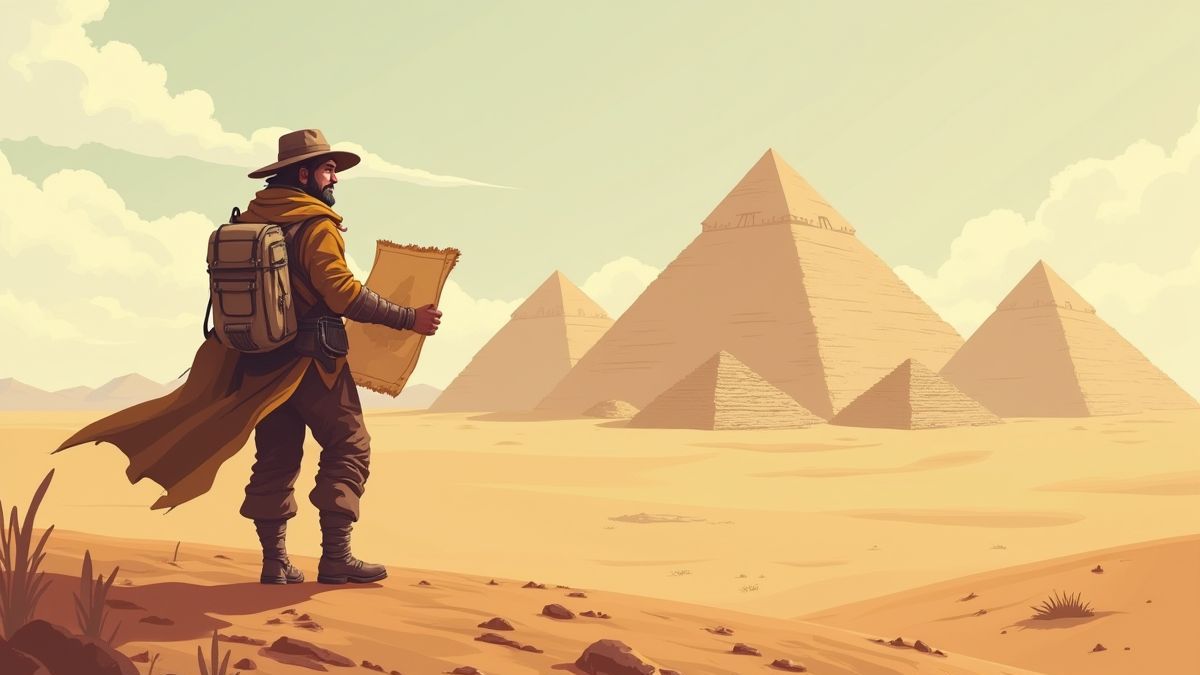 Aventurero con un mapa en medio del desierto con pirámides al fondo