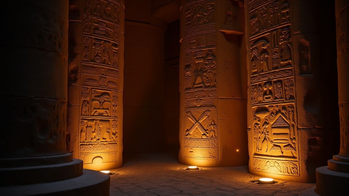 Ägyptische Hieroglyphen, die in einem dunklen Grab leuchten.