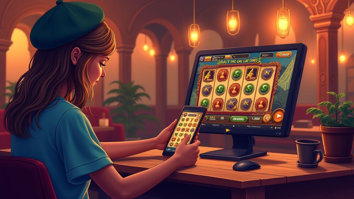 Person, die an einem Spielautomaten auf einem Handy in einem ägyptisch gestalteten Café spielt.