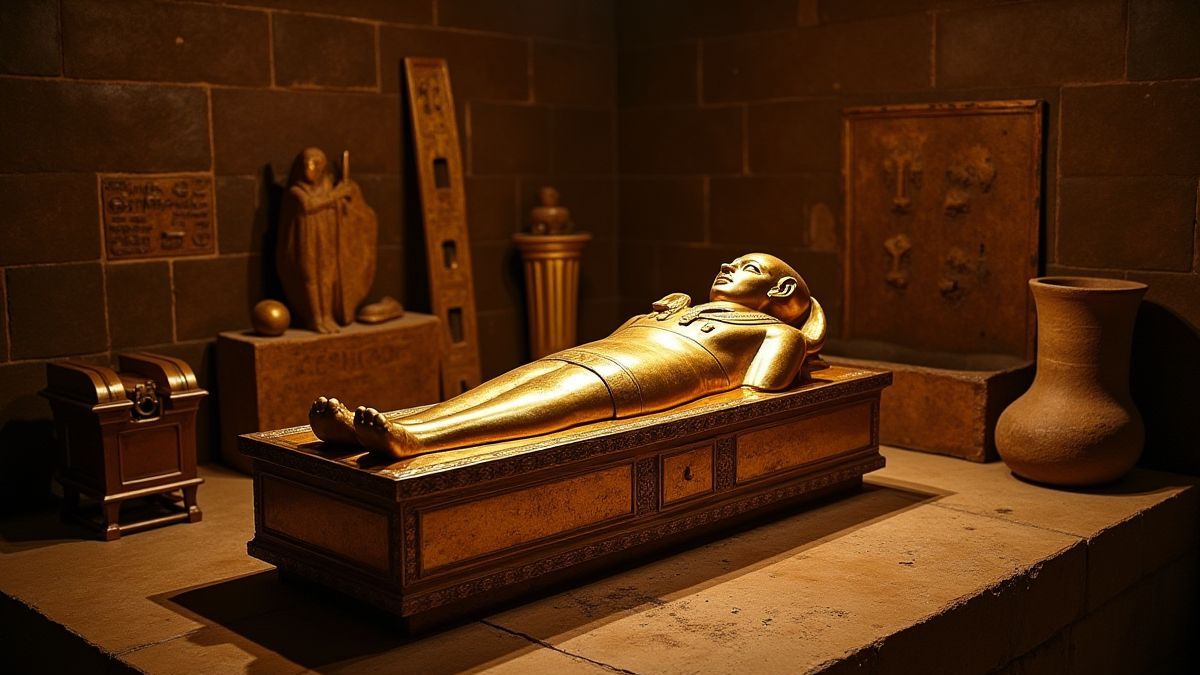 Sarcófago dourado rodeado de artefatos antigos.