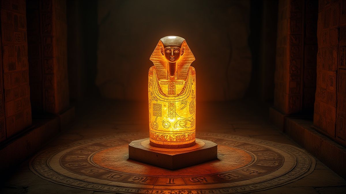 Artefato egípcio brilhante rodeado de símbolos antigos.