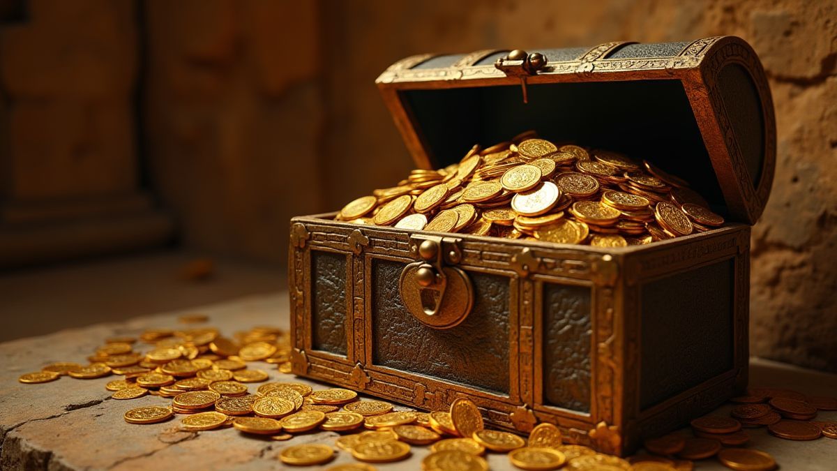 Cofre do tesouro cheio de moedas de ouro e joias.