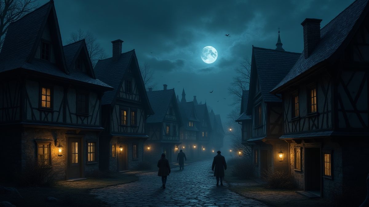 Een donker Europees dorp met verlichte lantaarns en mysterieuze figuren.