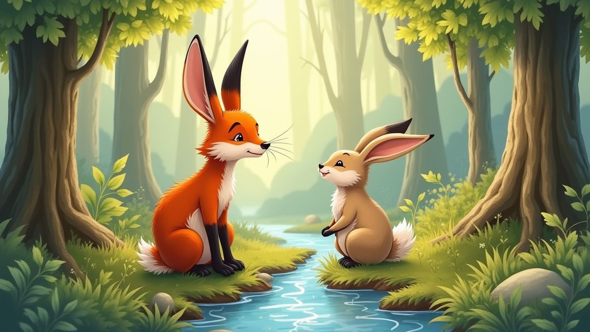 Um coelho e uma raposa junto a um riacho em uma floresta.