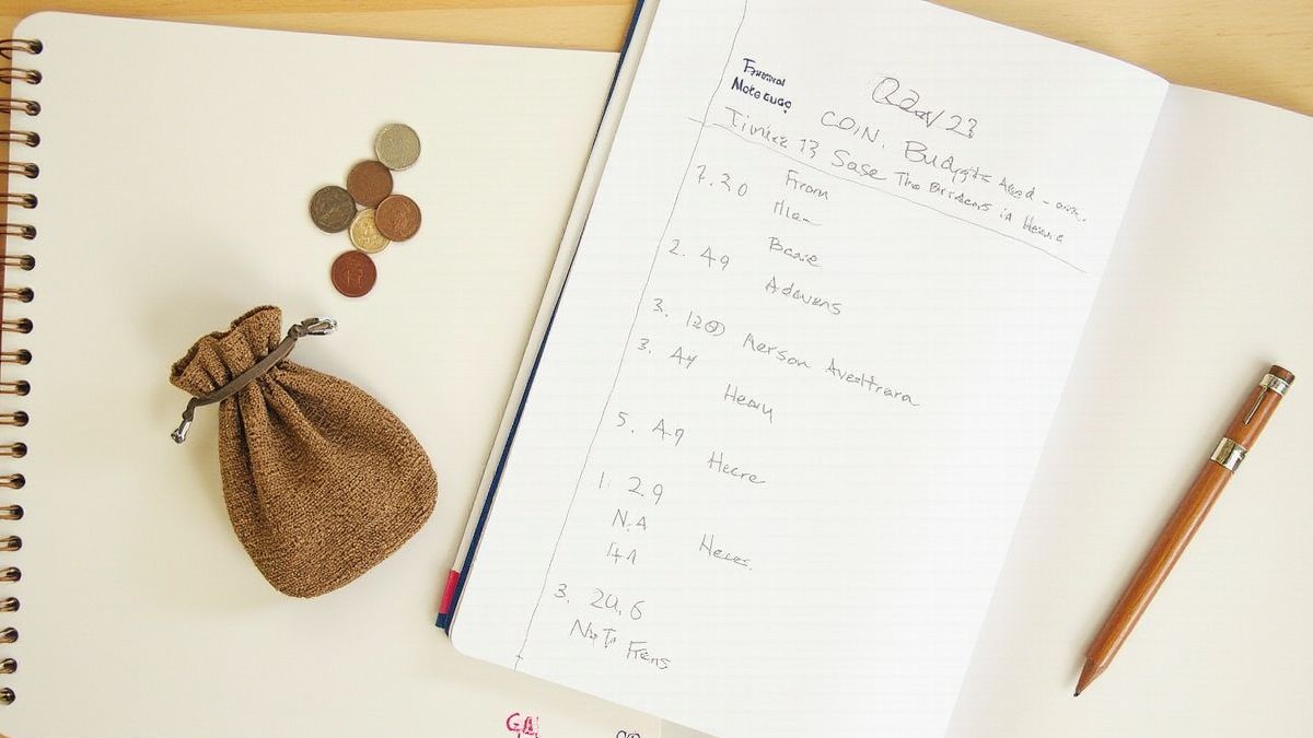Uma bolsa de moedas ao lado de um caderno com anotações de orçamento.