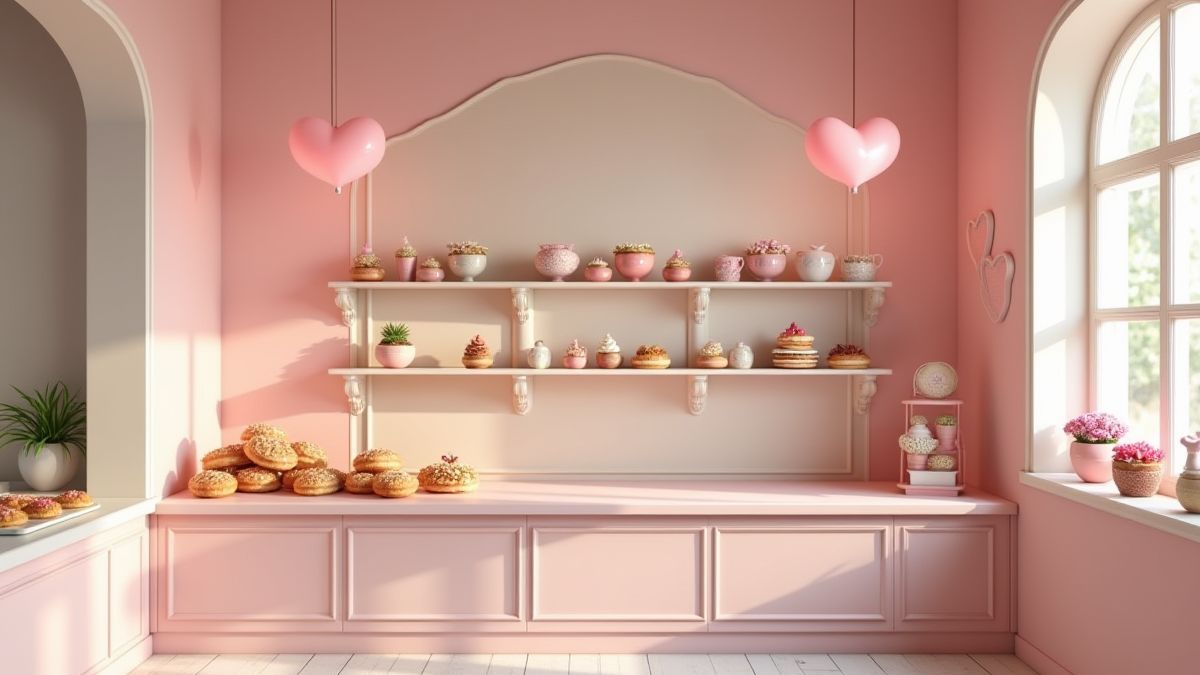 Mostrador de una pastelería retro con pasteles en forma de corazón.