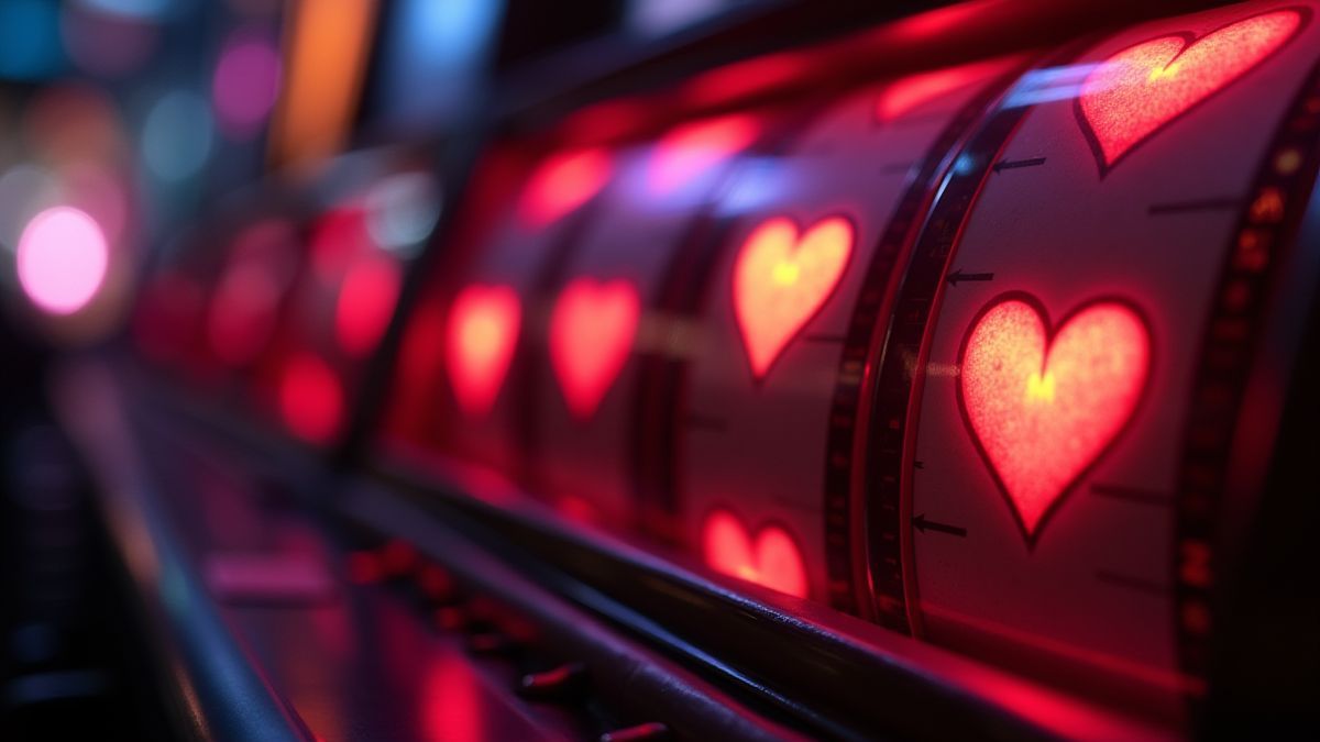 Máquina tragaperras girando con íconos en forma de corazón iluminados.