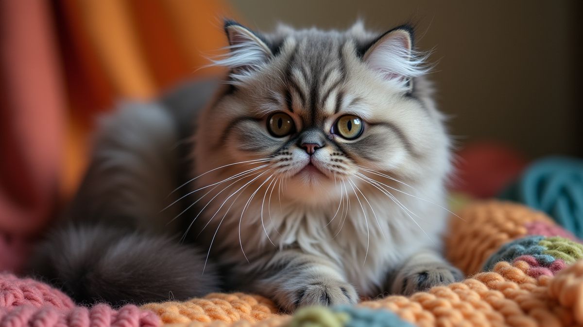 A fluffy and adorable cat on a colorful cushion.