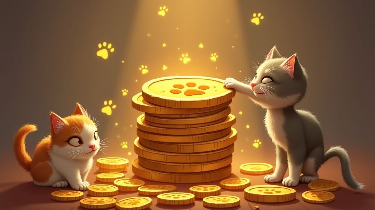 Golden coins with cat paw prints surrounded by playful felines.