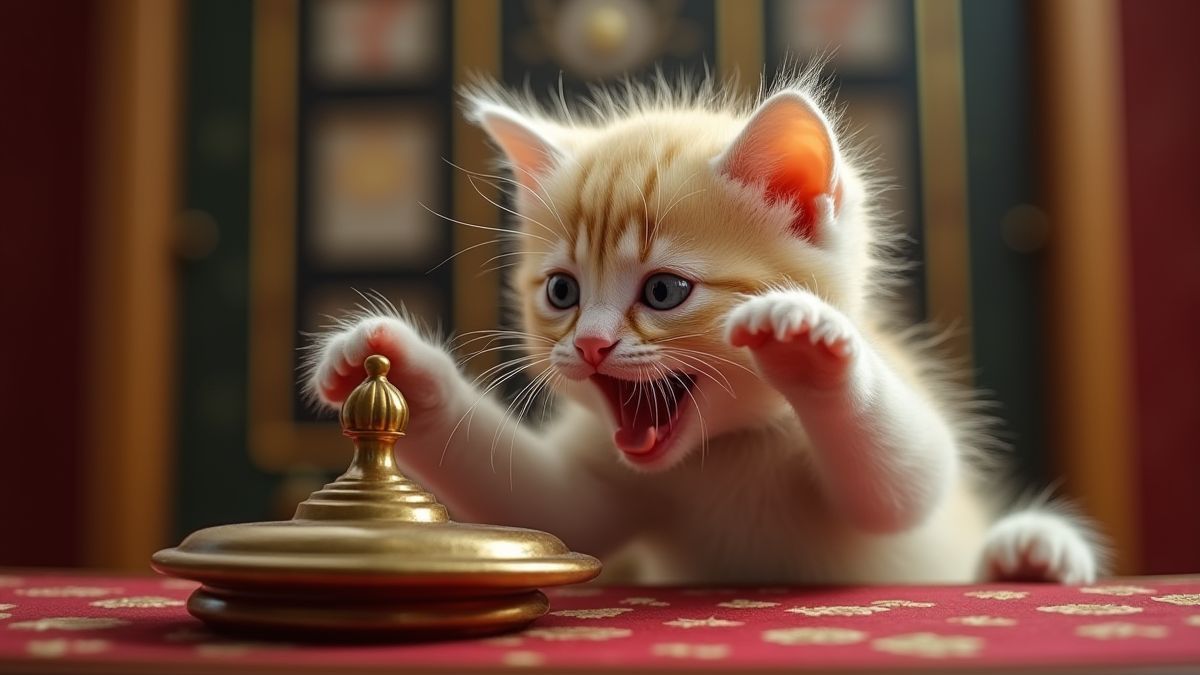 A playful kitten interacting with a slot reel.
