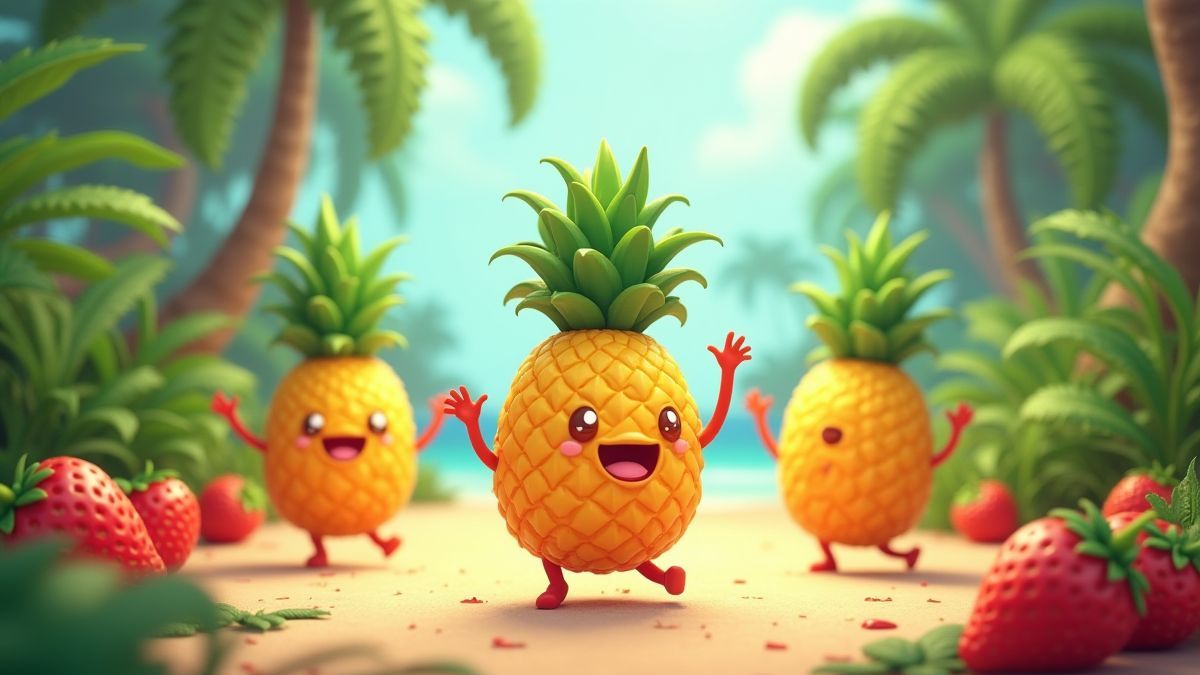 Animated fruits dancing in a tropical setting