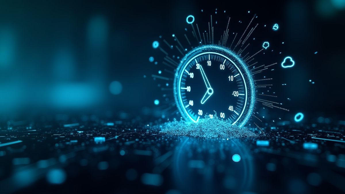Pantalla futurista mostrando una brecha digital con símbolos acumulándose en un medidor.