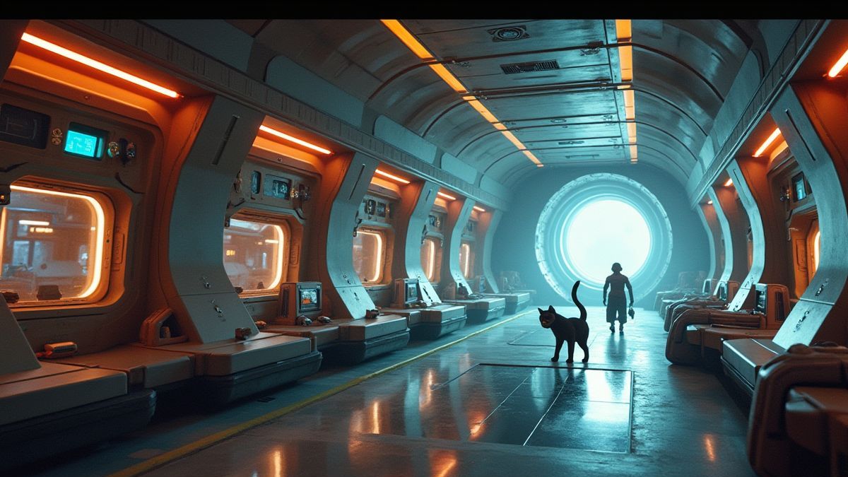 Innenraum eines futuristischen Raumschiffs mit robotischen Katzen.