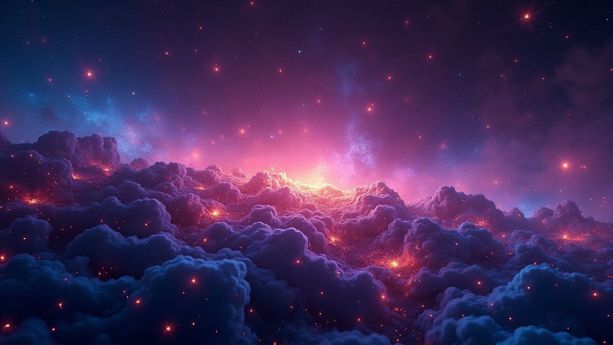 Eine Galaxie voller leuchtender Sterne und futuristischer Neon-Elemente.