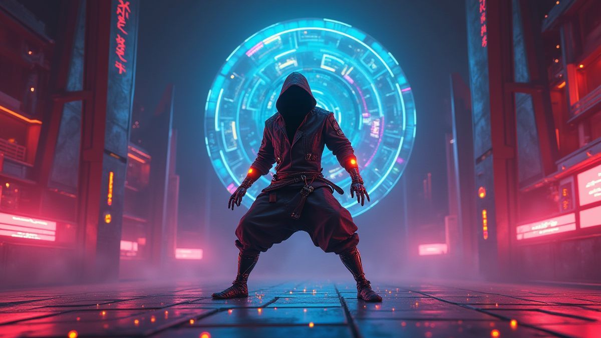 Cybernetic ninja in a futuristic dojo filled with digital elements.
