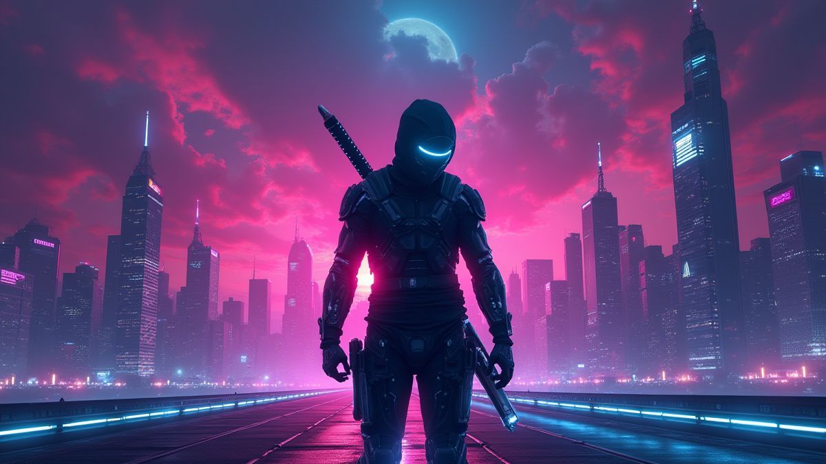Futuristic city with holograms and a cybernetic ninja in the distance.