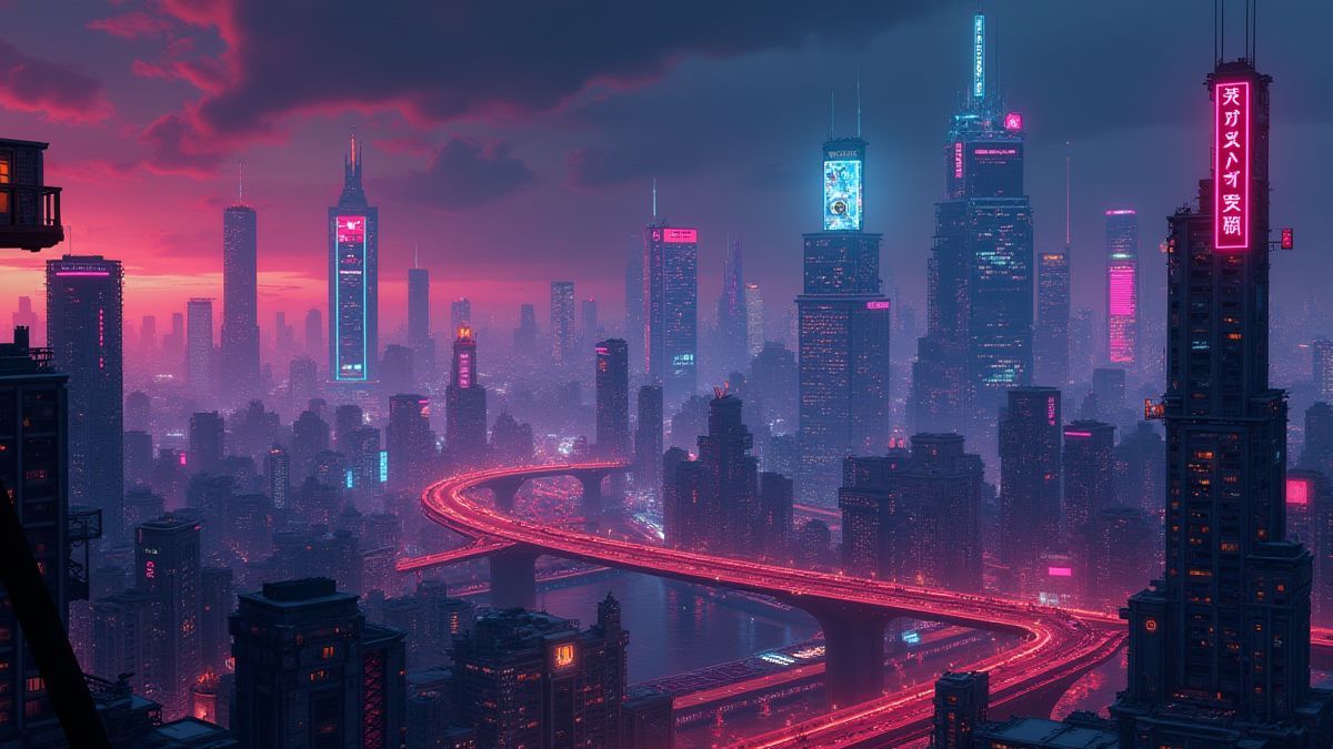 Cyberpunk city skyline with neon lights and futuristic buildings.