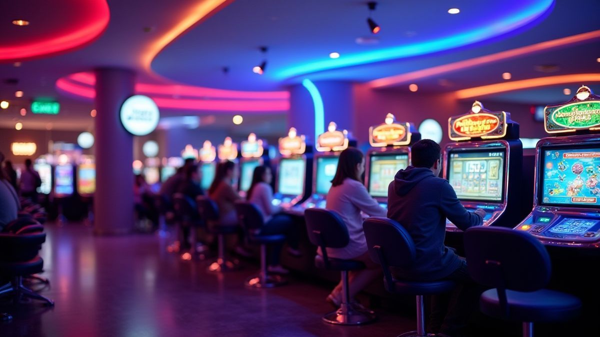 Players enjoying the game in a high-tech gaming lounge with vibrant neon lights.