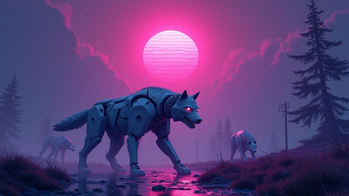Eine Neonlandschaft mit robotischen Wölfen, die erkunden.