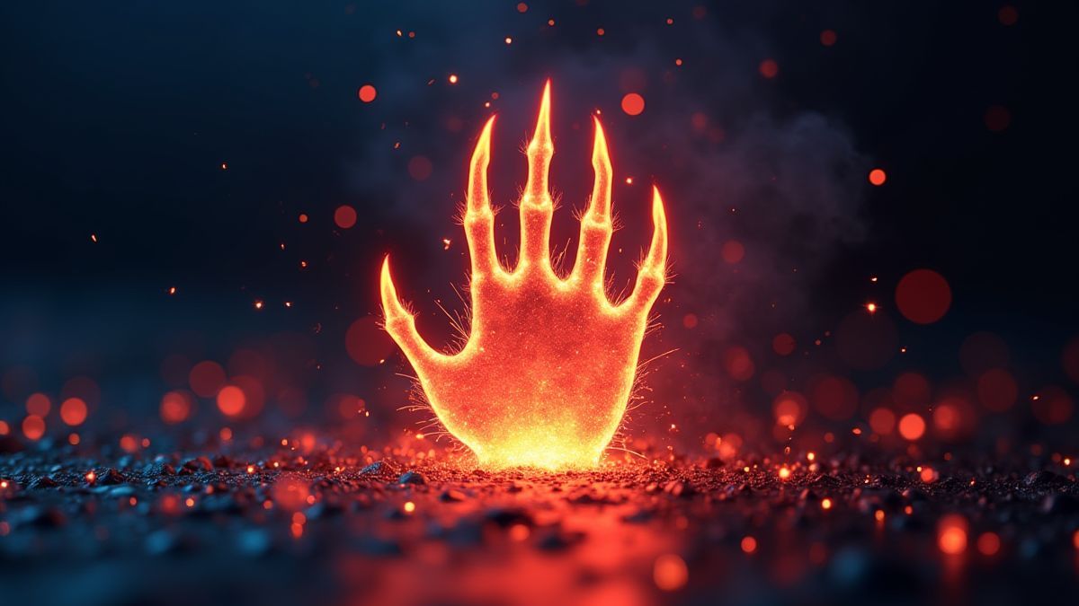 Leuchtendes Klauensymbol umgeben von Neon- und Funkeneffekten.