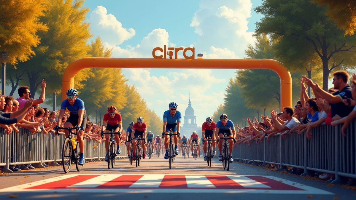 Ciclistas cruzando la línea de meta con multitudes animando.